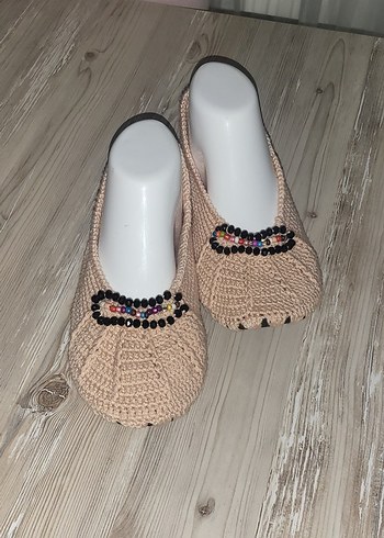 Bej Nakışlı Boncuklu Bohem Kadın Triko Terlik - Görsel 3