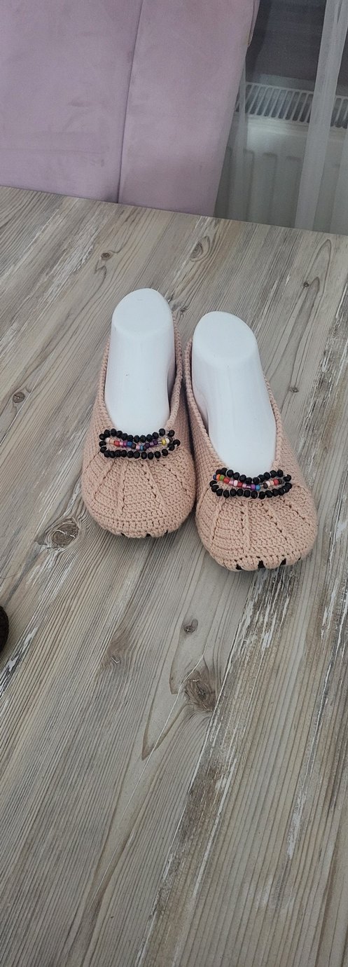 Bej Nakışlı Boncuklu Bohem Kadın Triko Terlik - Görsel 2