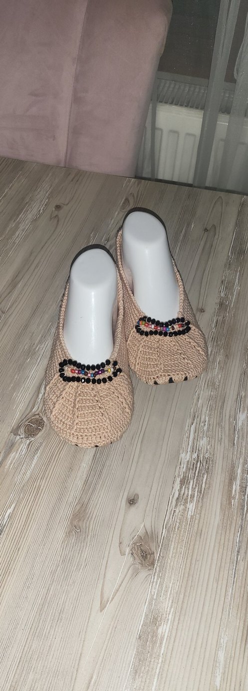 Bej Nakışlı Boncuklu Bohem Kadın Triko Terlik - Görsel 3