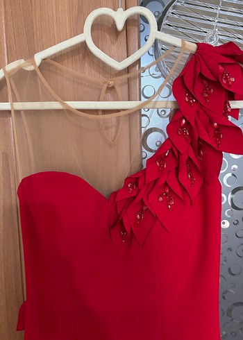 Drapeli Tek Omuz Kırmızı Midi Abiye Elbise xs beden - Görsel 2