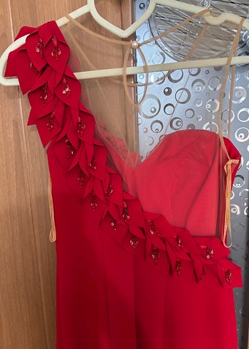 Drapeli Tek Omuz Kırmızı Midi Abiye Elbise xs beden - Görsel 4