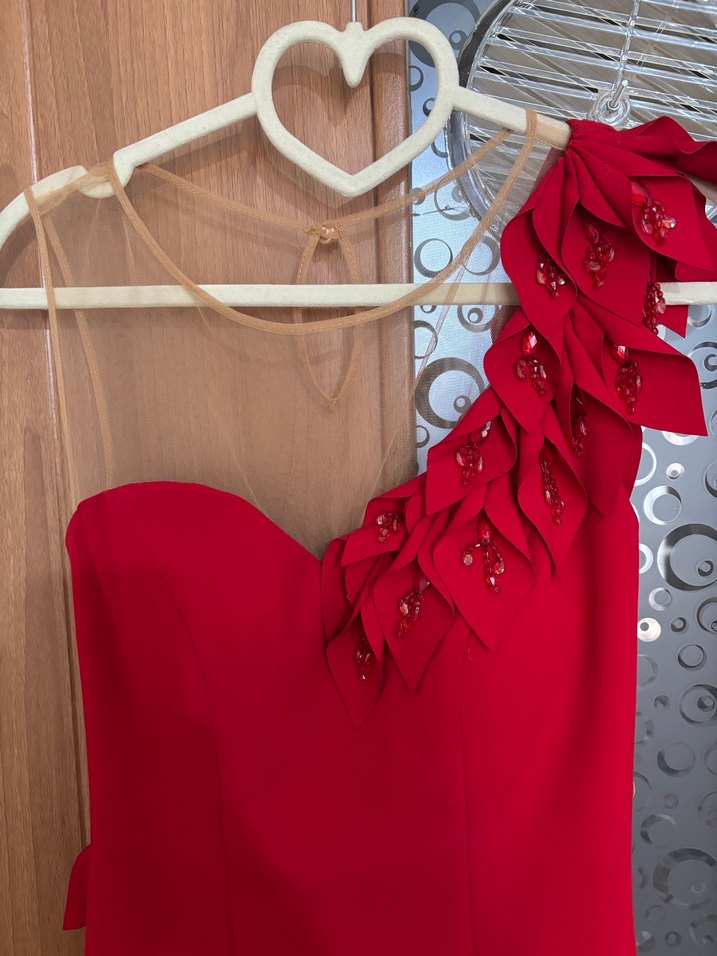 Drapeli Tek Omuz Kırmızı Midi Abiye Elbise xs beden - Görsel 2