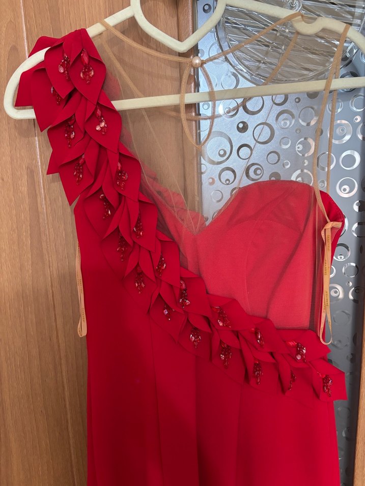 Drapeli Tek Omuz Kırmızı Midi Abiye Elbise xs beden - Görsel 4