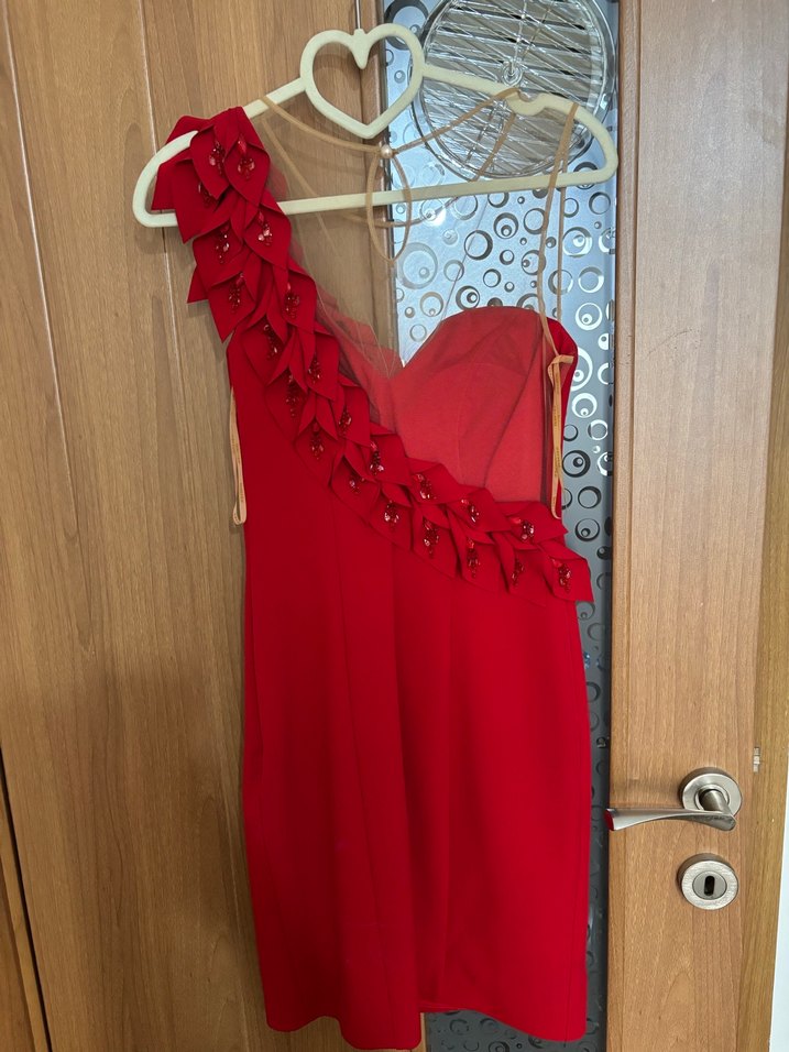 Drapeli Tek Omuz Kırmızı Midi Abiye Elbise xs beden - Görsel 3