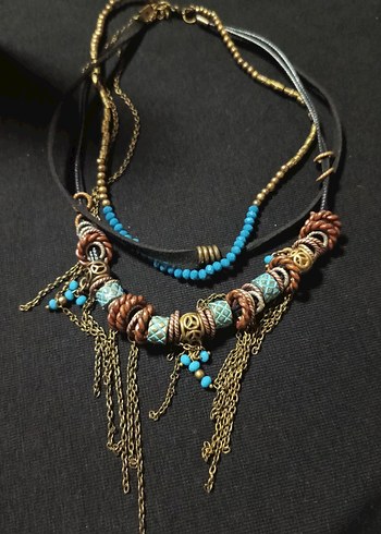Uzun Turkuaz Boncuklu Bohem Kolye - Görsel 2