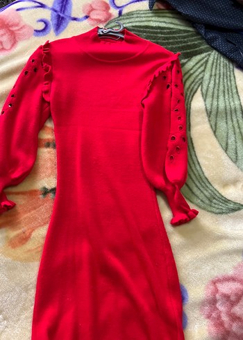 Kırmızı Uzun Kollu Triko Kadın Elbise - Görsel 2