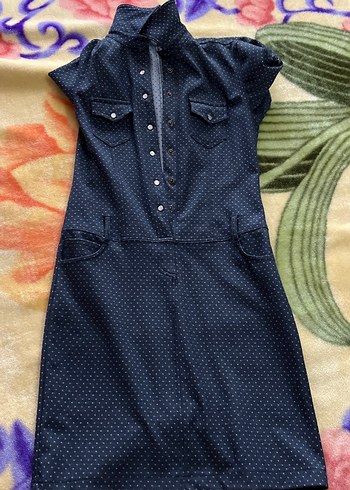 Düğmeli Uzun Lacivert elbise - Görsel 3