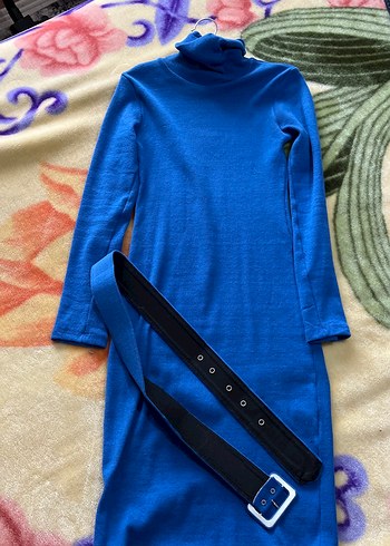 Mavi Boğazlı Kemerli Triko Elbise - Görsel 2