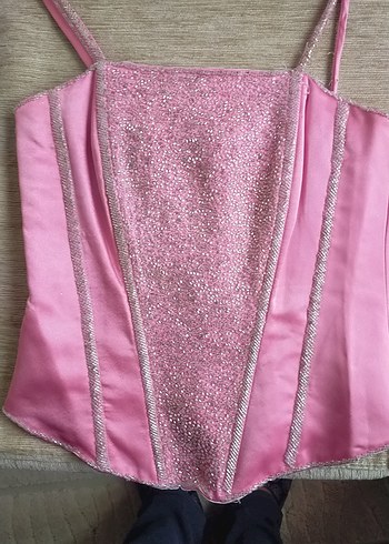 Pembe Drapeli Uzun Straplez Abiye Elbise - Görsel 4