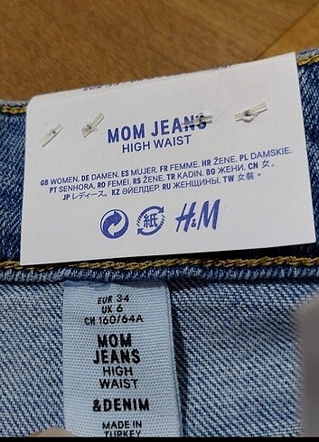 34 Beden mavi Renk H&M Denim Orjinal Etiketli Mom Jeans