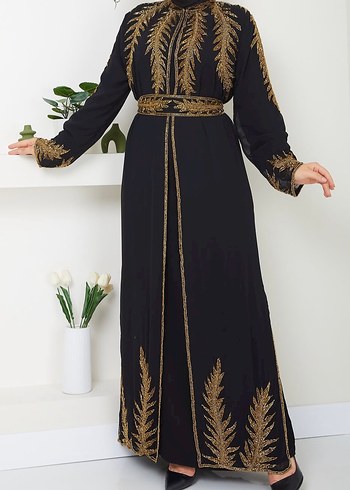 Diğer Nakışlı Siyah Uzun Kollu Henna Elbise