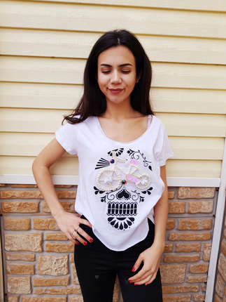 s Beden İncili Baskılı Beyaz T-shirt 