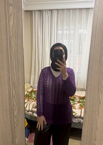 Mor Örgü Boğazlı Kadın Kazak - Görsel 5