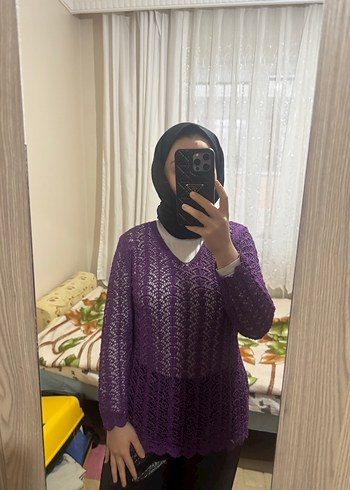 Mor Örgü Boğazlı Kadın Kazak - Görsel 4