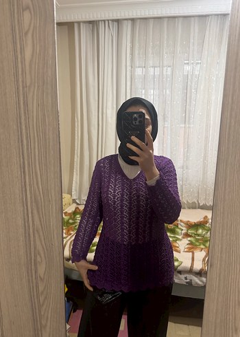 Mor Örgü Boğazlı Kadın Kazak - Görsel 6