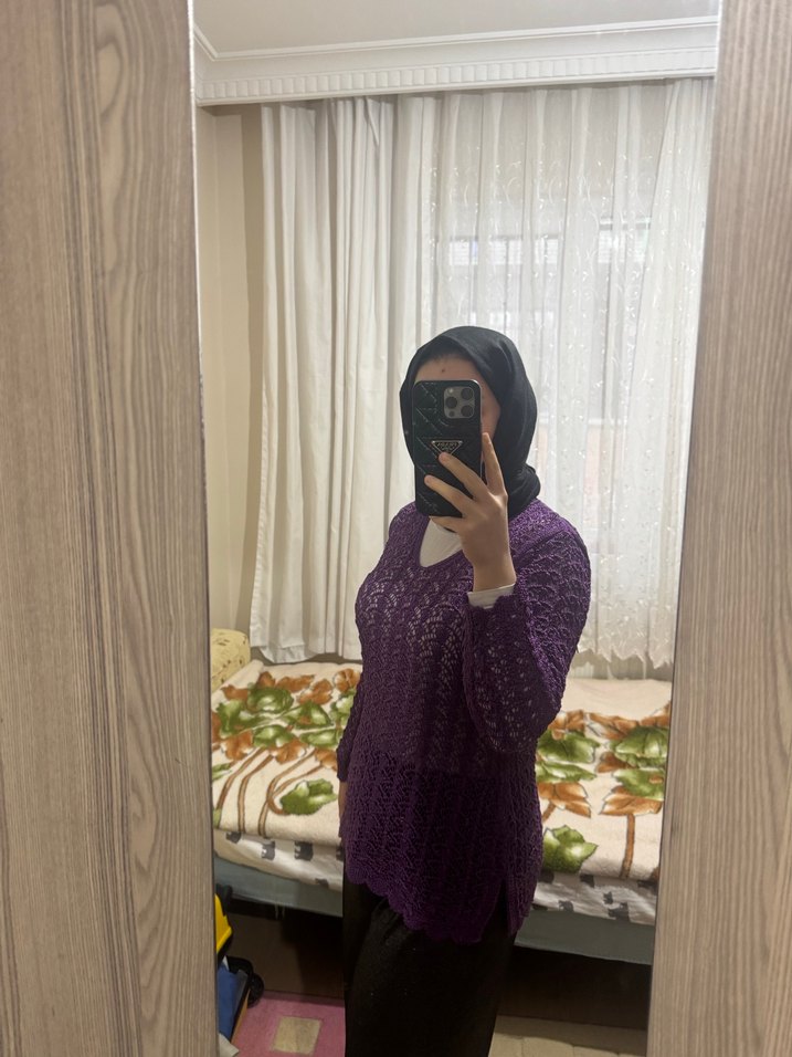 Mor Örgü Boğazlı Kadın Kazak - Görsel 2