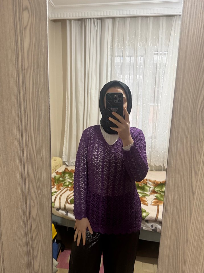 Mor Örgü Boğazlı Kadın Kazak - Görsel 5