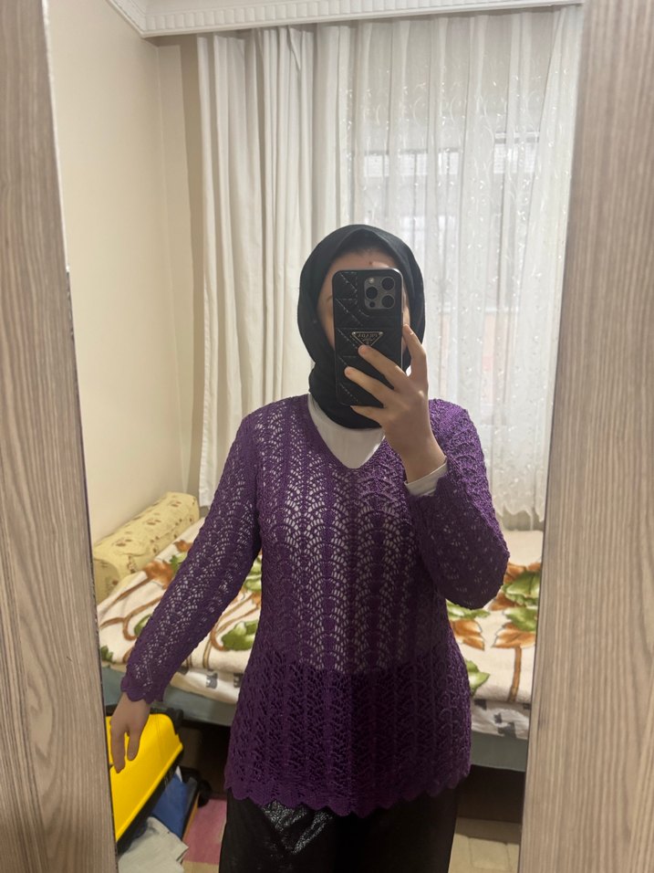 Mor Örgü Boğazlı Kadın Kazak - Görsel 3