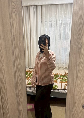 Turuncu bej  Zebra Desenli Uzun Kollu Kadın Gömlek - Görsel 5