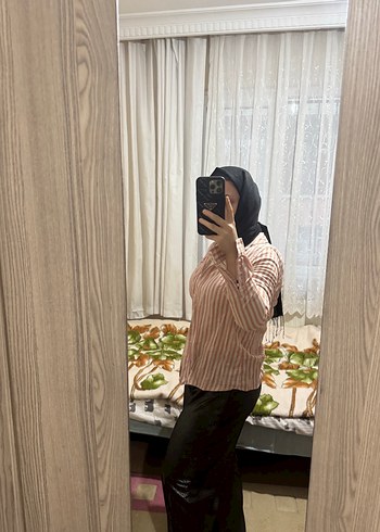 Turuncu bej  Zebra Desenli Uzun Kollu Kadın Gömlek - Görsel 6