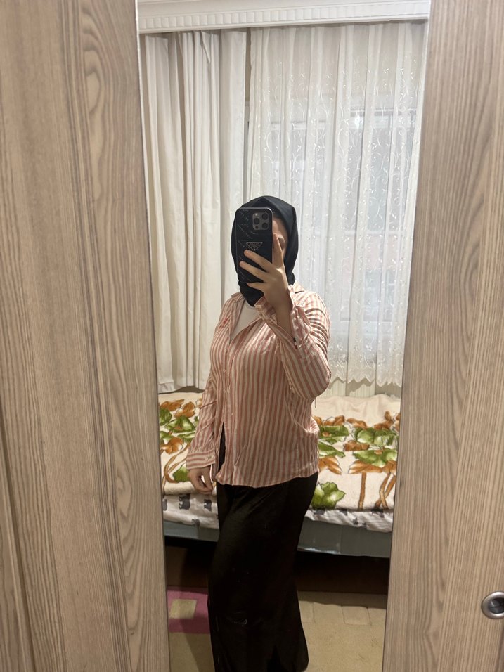 Turuncu bej  Zebra Desenli Uzun Kollu Kadın Gömlek - Görsel 5