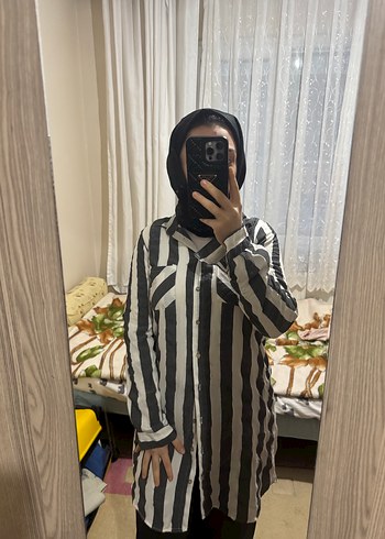 Düğmeli Uzun Kollu Gri Zebra Desenli Gömlek - Görsel 6