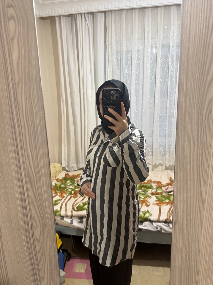 Düğmeli Uzun Kollu Gri Zebra Desenli Gömlek - Görsel 2