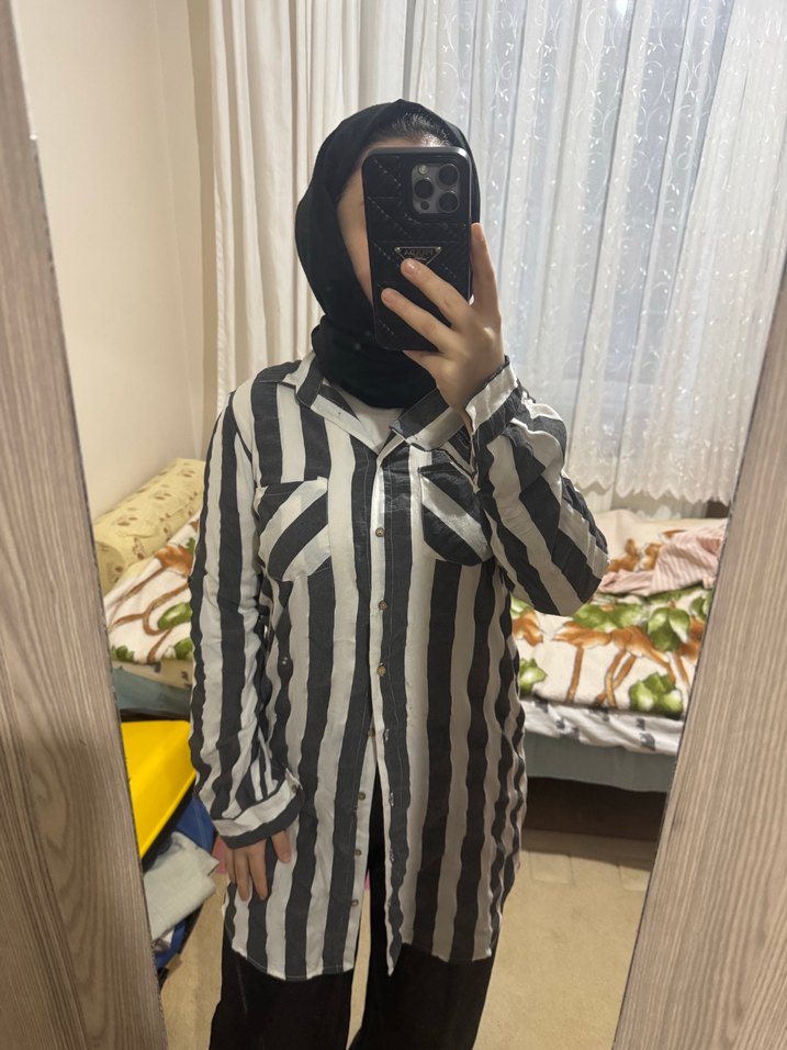 Düğmeli Uzun Kollu Gri Zebra Desenli Gömlek - Görsel 3