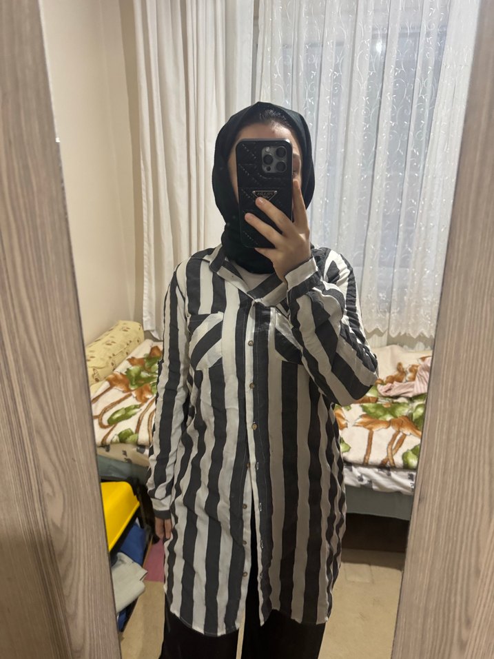 Düğmeli Uzun Kollu Gri Zebra Desenli Gömlek - Görsel 5