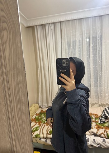 Gri Bağcıklı Kapüşonlu Salaş Sweatshirt - Görsel 8