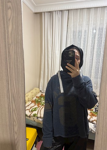 Gri Bağcıklı Kapüşonlu Salaş Sweatshirt - Görsel 5