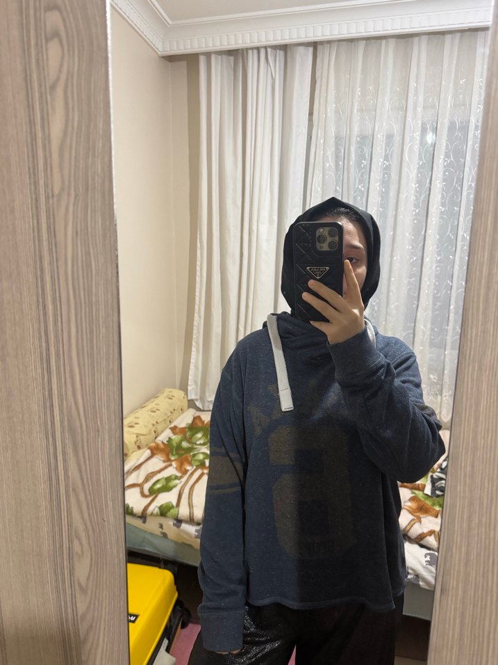 Gri Bağcıklı Kapüşonlu Salaş Sweatshirt - Görsel 5