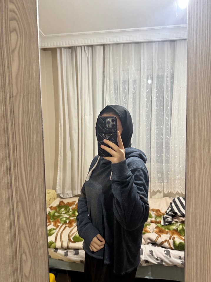 Gri Bağcıklı Kapüşonlu Salaş Sweatshirt - Görsel 3