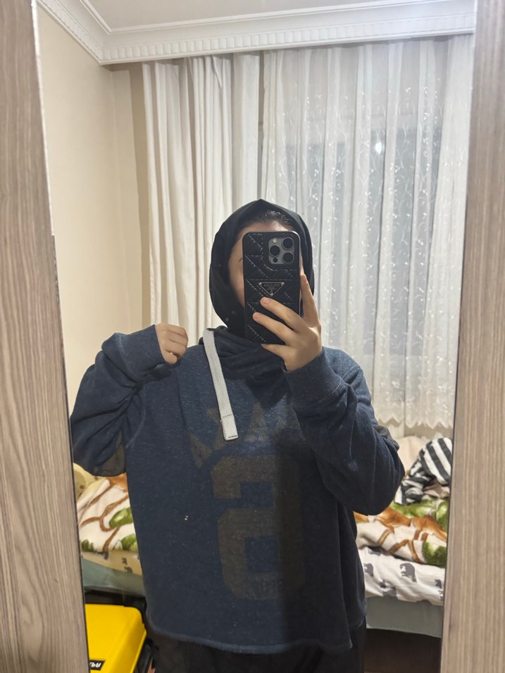 Gri Bağcıklı Kapüşonlu Salaş Sweatshirt - Görsel 4