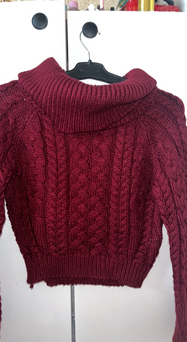 Bordo Örgü Boğazlı Kadın Kazak - Görsel 2