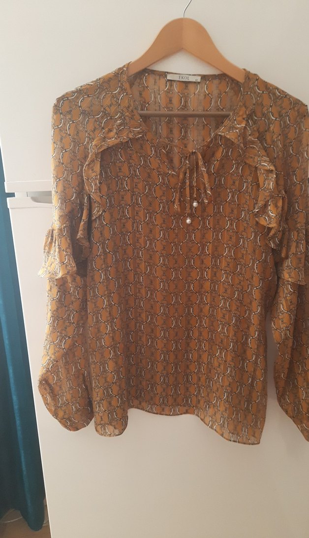 Altın taba renkli Yılan Desenli Uzun Kollu Bluz - Görsel 3