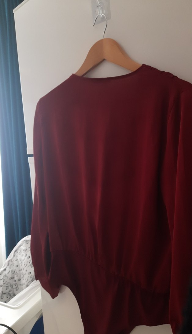 Bordo V-Yaka Uzun Kollu Kadın Bluz - Görsel 3