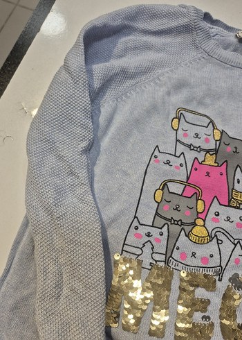 Kız Çocuk Gri Payetli Baskılı Triko Kazak - Görsel 3