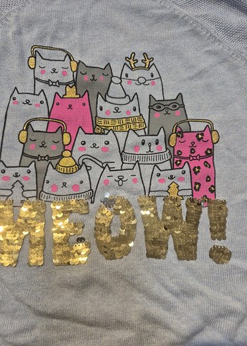 Kız Çocuk Gri Payetli Baskılı Triko Kazak - Görsel 2