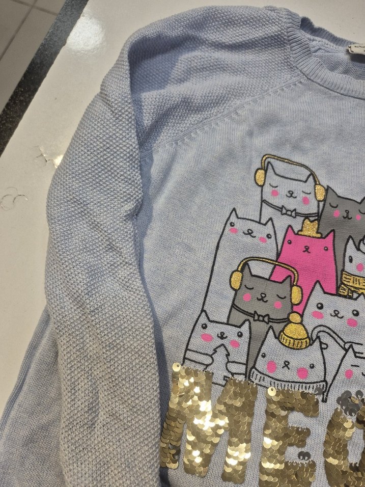 Kız Çocuk Gri Payetli Baskılı Triko Kazak - Görsel 3