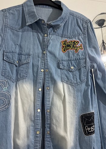 Diğer Nakışlı Mavi Denim Kadın Gömlek