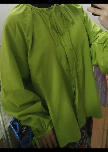 Yeşil Salaş  Bluz, Uzun Kollu, Yüksek Yakalı - Görsel 2