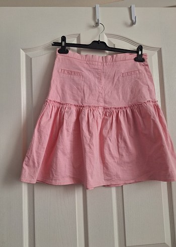 40 Beden pembe Renk Pembe Fırfırlı Mini Keten Etek