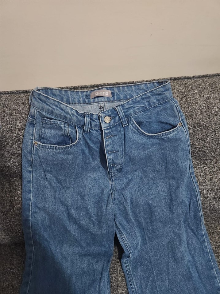 Düğmeli Gri Baskılı Kadın Denim Pantolon - Görsel 3