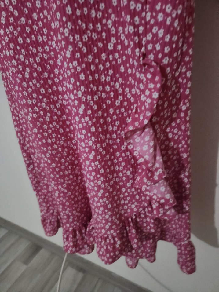 Pembe V Yaka Midi Elbise - Görsel 3