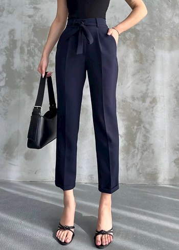 Kadın Koyu Larcivert kumaş, Normal kesim Pantolon - Görsel 4