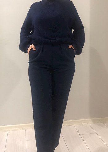 Kadın Koyu Larcivert kumaş, Normal kesim Pantolon - Görsel 5