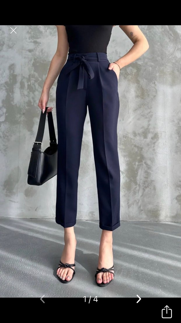 Kadın Koyu Larcivert kumaş, Normal kesim Pantolon - Görsel 4