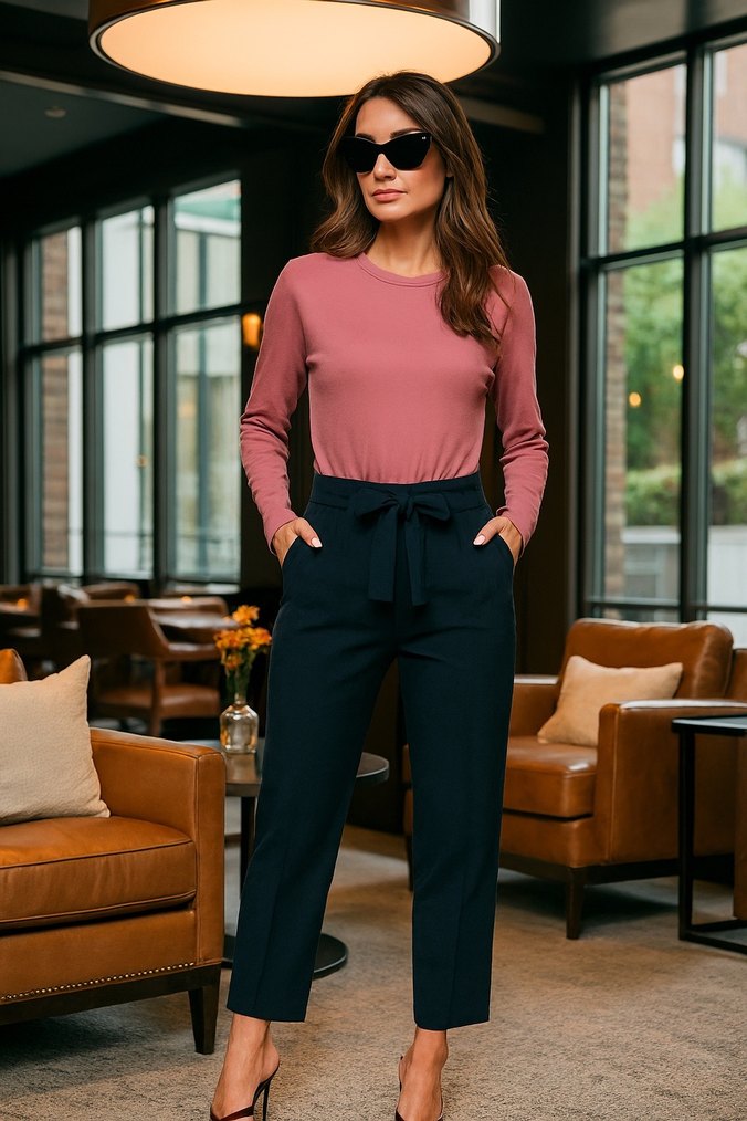 Kadın Koyu Larcivert kumaş, Normal kesim Pantolon - Görsel 3