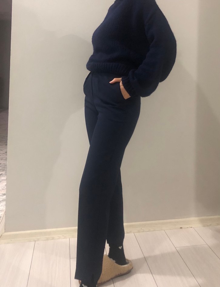 Kadın Koyu Larcivert kumaş, Normal kesim Pantolon - Görsel 2